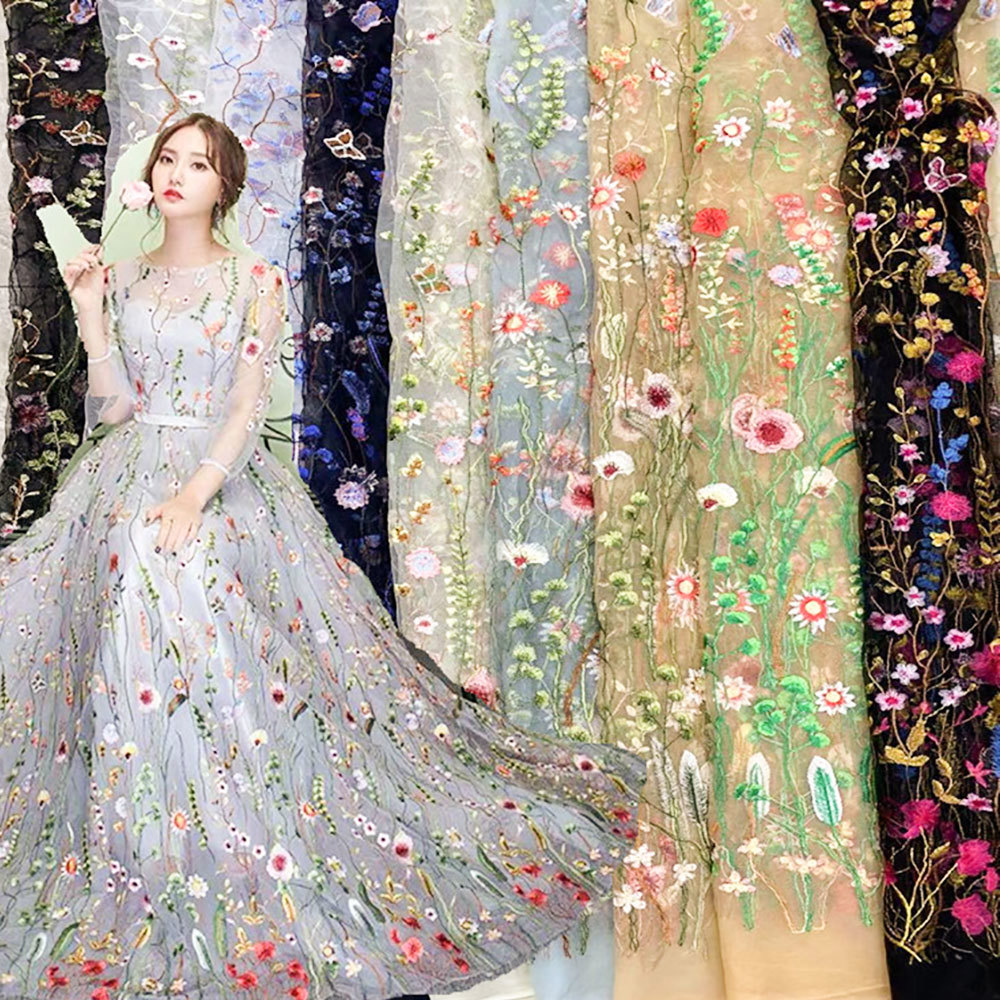 Embroidery Abaya - 刺繍水生植物レース生地 3D 花チュールメッシュヤードあたりクチュールのウェディングドレス滑走路衣装スカート装飾