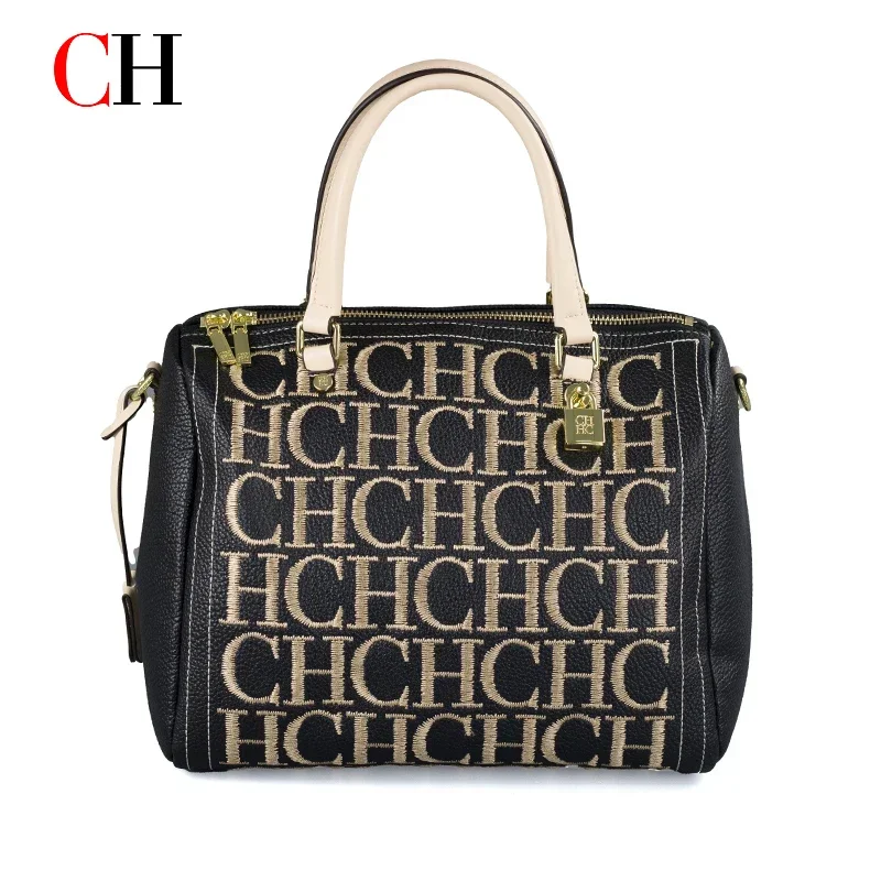 Embroidery Gold - CH 刺繍文字ボストンバッグ女性ブラック PU レザーハンドバッグゴールドロック取り外し可能なストラップ旅行クロスボディショルダー財布