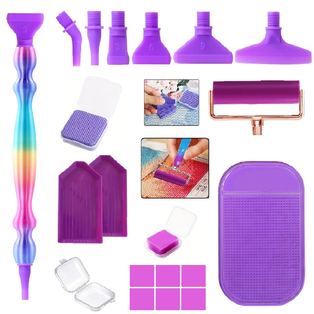 Embroidery Kit Starter - DIYダイヤモンドペインティングツールセット、ネジ式インターフェースエルボ/1/3/6/9スクレーパー交換ヘッド、クリーニングクロス50枚、ローラー、収納トレイ、シリコンパッドを含み、大人向け5Dダイヤモンドペインティングツールアクセサリーに適しています。