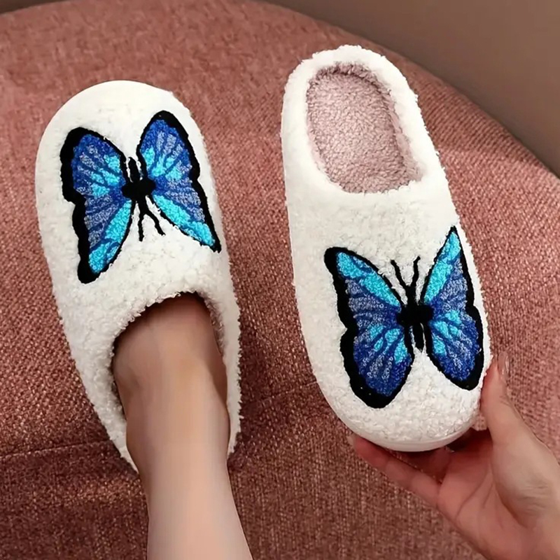Embroidery Fabric - SHAJI 男女兼用ふわふわコットンスリッパ、かわいいリボン刺繍入り、柔らかいTPR滑り止めソール、秋冬の家庭用快適スリッパ
