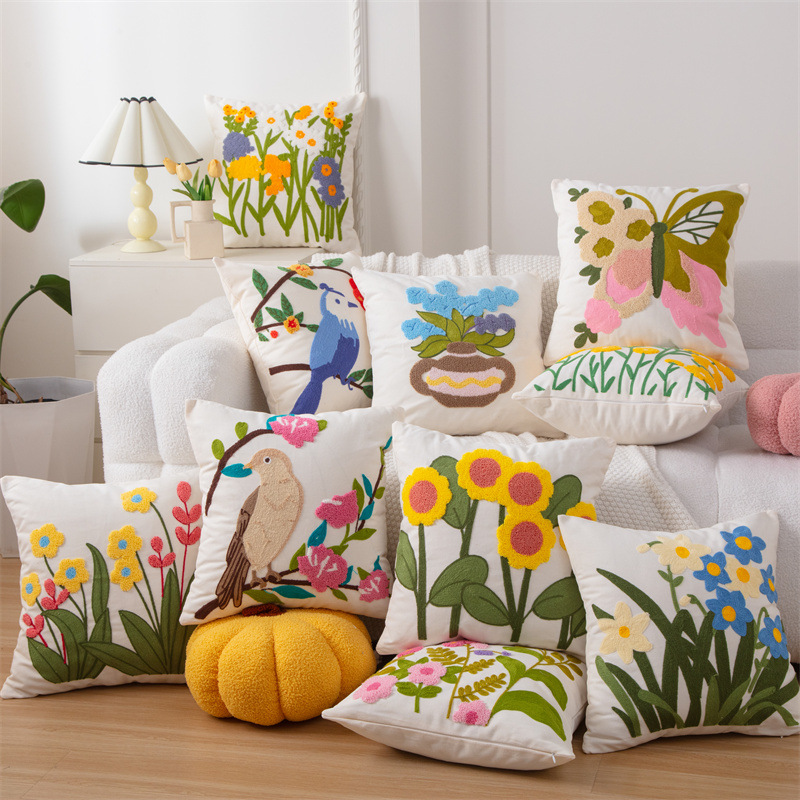 Embroidery Effect - 綿キャンバス 3D 効果鳥刺繍スローピローカバー装飾クッションカバーソファオフィスホームルーム装飾用