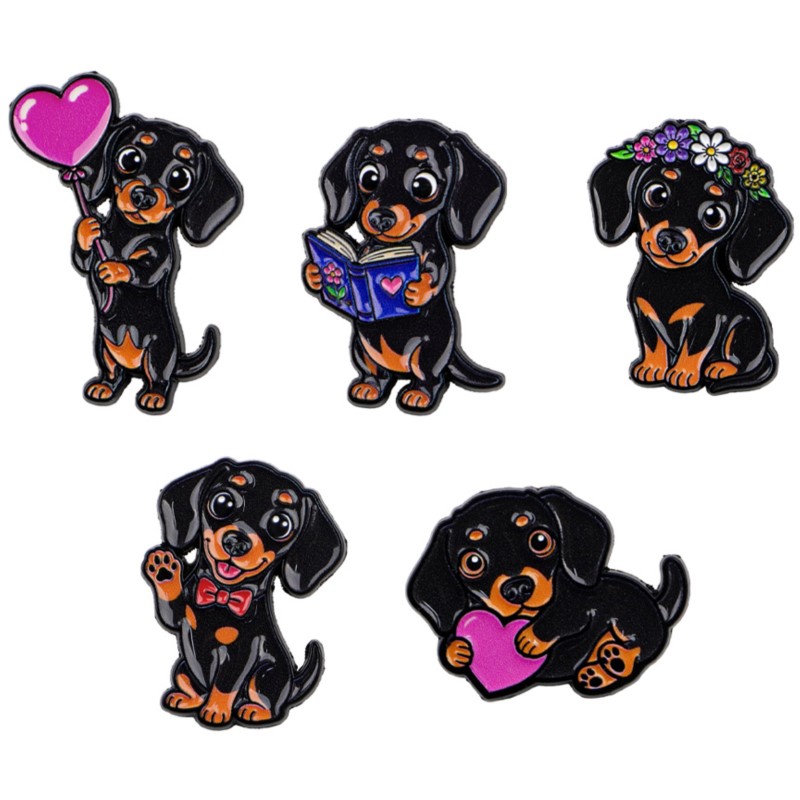 Embroidery Garment - 5 個のかわいいダックスフントエナメルピンセットハートフラワーブックボウ犬漫画ブローチバックパック帽子服アクセサリー動物愛好家のギフト
