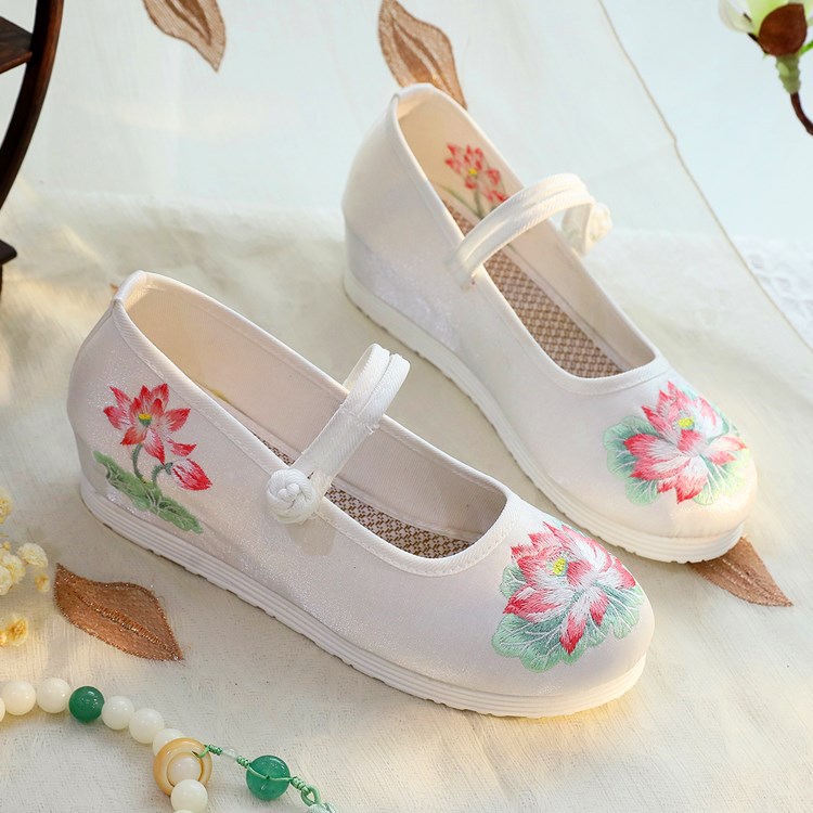 Embroidery Fabric - 2026 女性用白と緑の蓮の刺繍ウェッジヒールメリージェーンシューズオリエンタルスタイル中国漢服シューズカジュアルパンプス Q-240