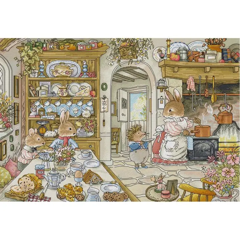 Embroidery X Pattern - ウサギのキッチン漫画動物パターンクロスステッチキット、キャンバス印刷、刺embroideryセット、DIY手作りの針仕事、14カラット、16カラット、11カラット