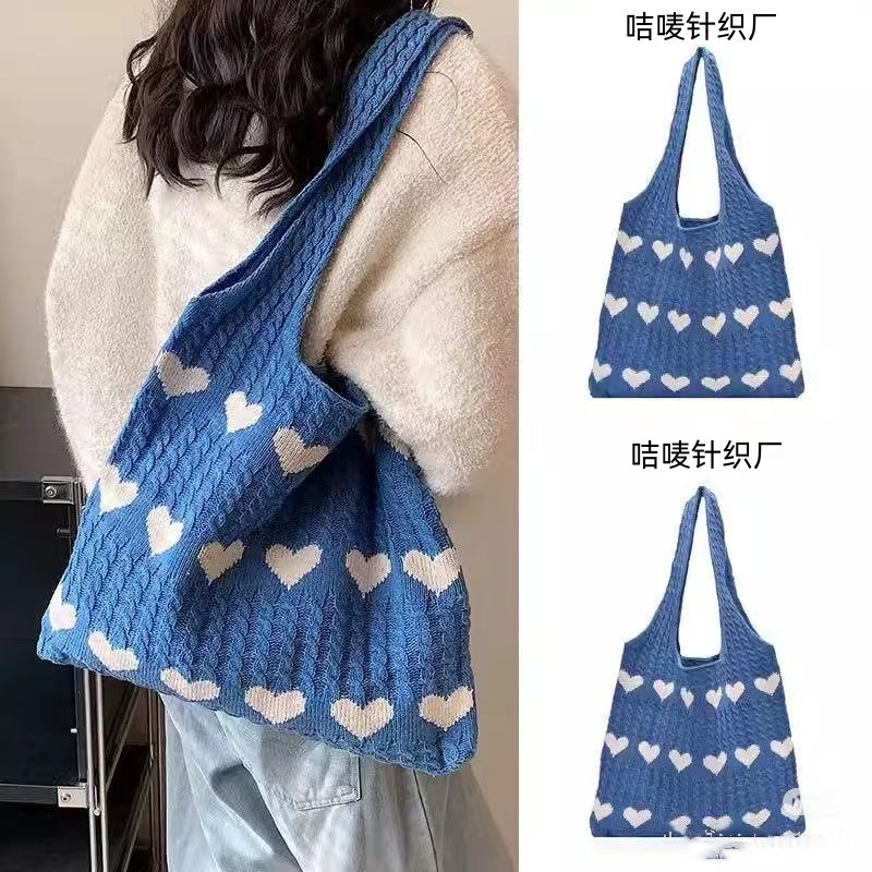 Embroidery University - ショルダーバッグ 大きめ レディース エコニットハンドバッグ ラブアンドキュート ショッパーバッグ