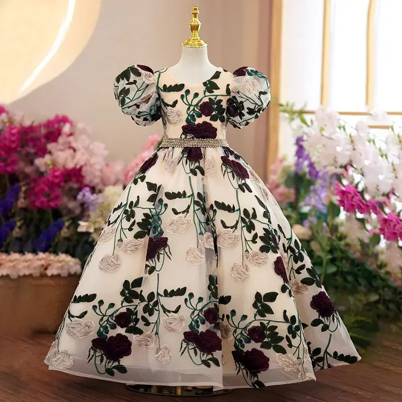 Embroidery Abaya - 女の子のための刺繍されたメッシュのプリンセスドレス,エレガントなイブニングドレス,長い,豪華な,3〜15歳の子供とティーンエイジャーのための