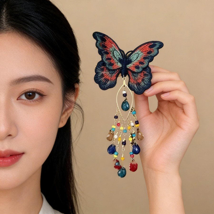 Embroidery Glass Beads - 新しい中国風ニット蝶ヘアクリップ女性甘い刺繍タッセルガラスビーズカモノハシクリップチャームジュエリー M
