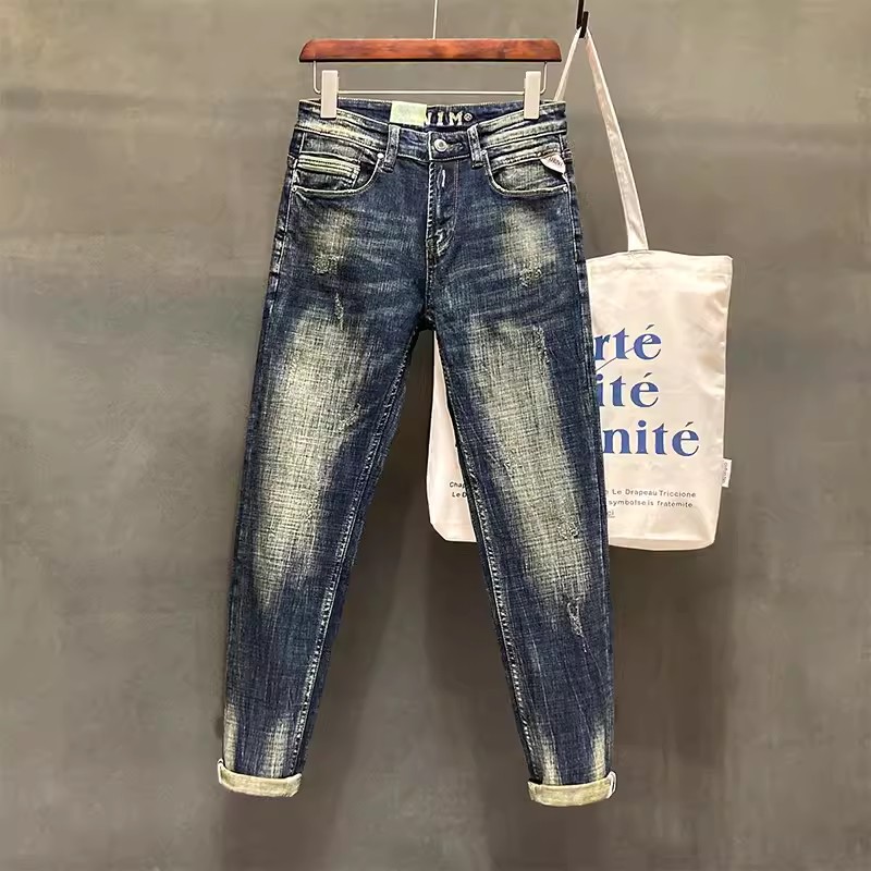 Embroidery Effect - デザイナーファッション男性ジーンズ高品質レトロ黒青ストレッチスリムフィットリッピングジーンズ男性刺繍ヴィンテージデニムパンツやつ