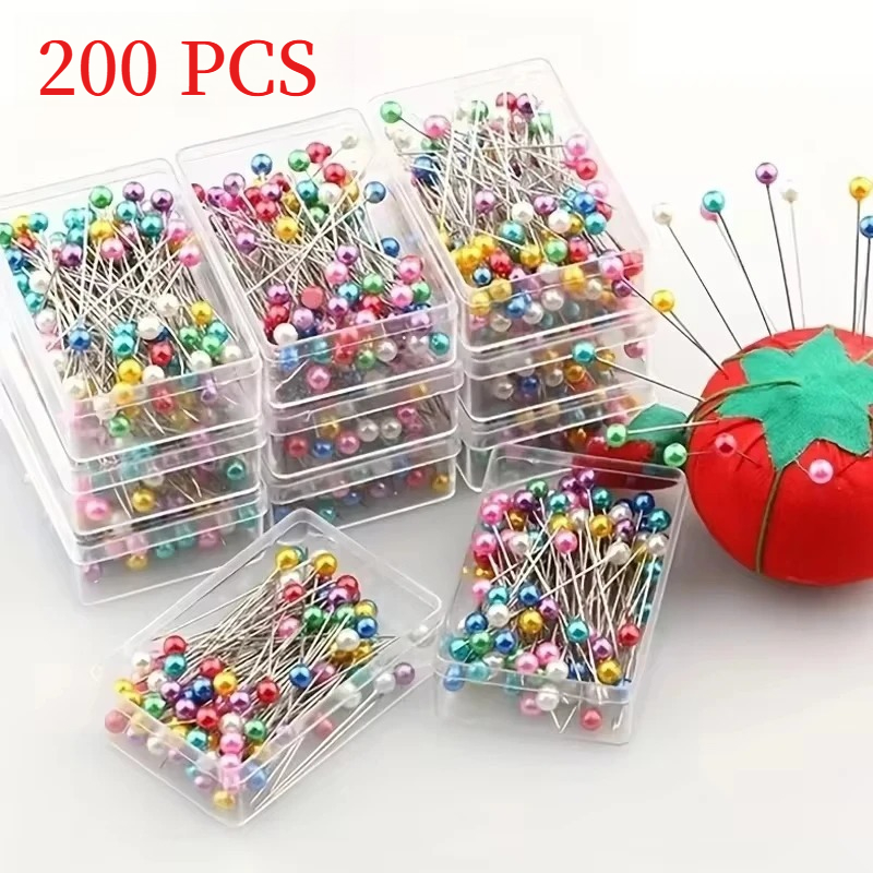 Embroidery Glass Beads - 200/100本入り ファッション縫製針 カラーガラス/セラミックヘッド ビーズピン ステッチ編み針 縫製固定