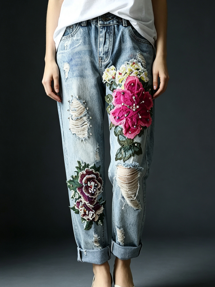 Embroidery Effect - 女性のヴィンテージダメージ加工ジーンズ 3D 花柄刺繍リップドビーズロールカフジーンズボヘミアンカジュアルファッションストリートウェアパンツ