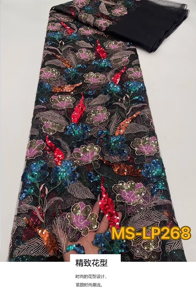 Embroidery Abaya - 1ヤード高級ダブルカラービーズフラワーシークイン刺繍テラドレスチャイナドレスDIY縫製生地新作ソフトメッシュ生地