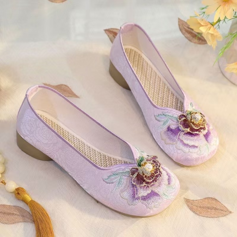 Embroidery Fabric - 女性ローヒール刺繍布靴春夏新中国風ラウンドトゥ浅いスリップオンチャイナシューズ漢服靴