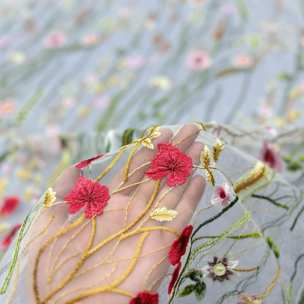 刺繍水生植物レース生地 3D 花チュールメッシュヤードあたり - Embroidery Abaya のレビューと価格
