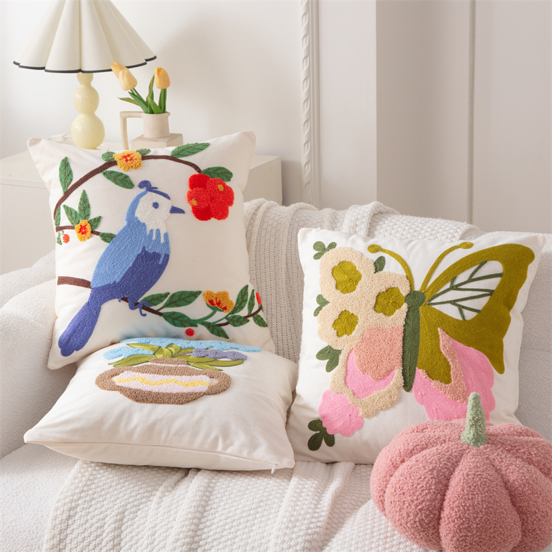 綿キャンバス 3D 効果鳥刺繍スローピローカバー装飾クッショ - Embroidery Effect のレビューと価格
