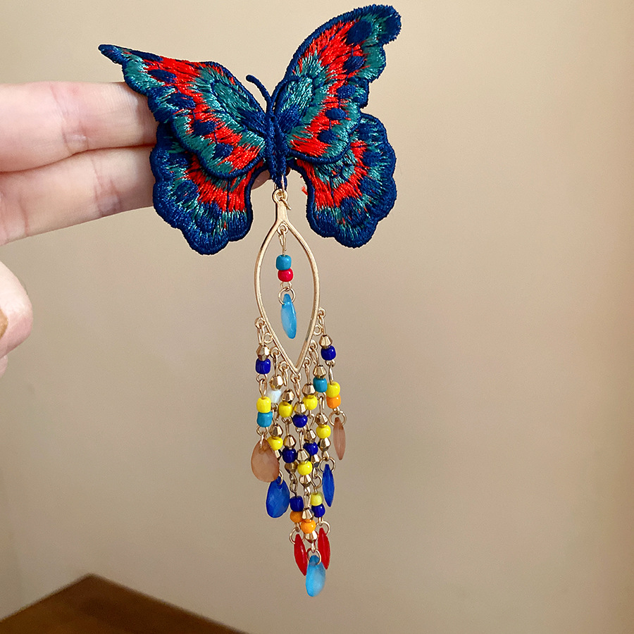 新しい中国風ニット蝶ヘアクリップ女性甘い刺繍タッセルガラスビ - Embroidery Glass Beads のレビューと価格