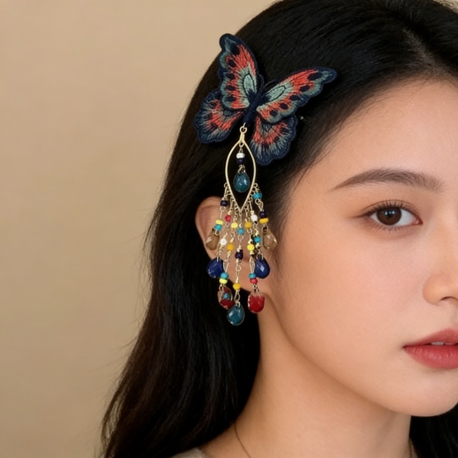 新しい中国風ニット蝶ヘアクリップ女性甘い刺繍タッセルガラスビ - Embroidery Glass Beads のレビューと価格