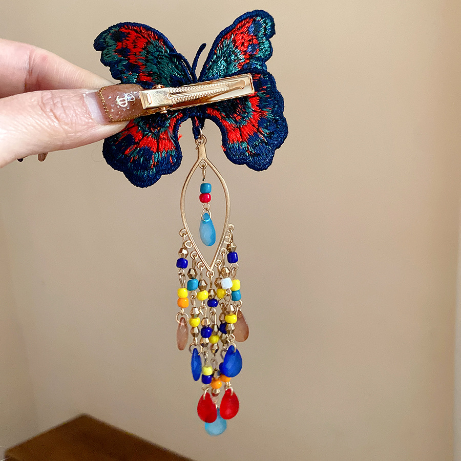 新しい中国風ニット蝶ヘアクリップ女性甘い刺繍タッセルガラスビ - Embroidery Glass Beads のレビューと価格