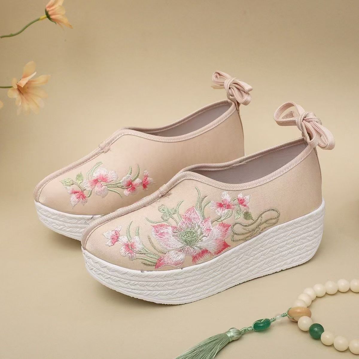 女性エスニックスタイルウェッジ刺繍靴春夏新作厚底滑り止めラウ - Embroidery Fabric のレビューと価格