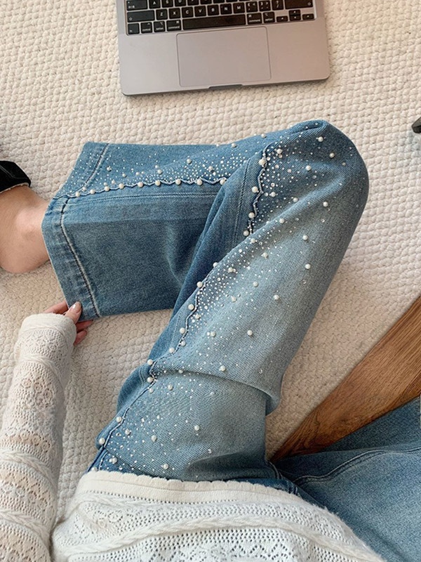 プラスサイズデニムワイドレッグパンツ レディース カジュアル - Embroidery Effect のレビューと価格