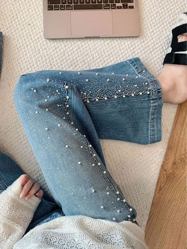 プラスサイズデニムワイドレッグパンツ レディース カジュアル - Embroidery Effect のレビューと価格