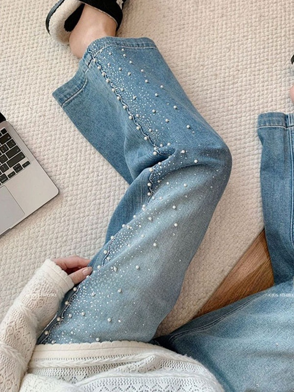 プラスサイズデニムワイドレッグパンツ レディース カジュアル - Embroidery Effect のレビューと価格